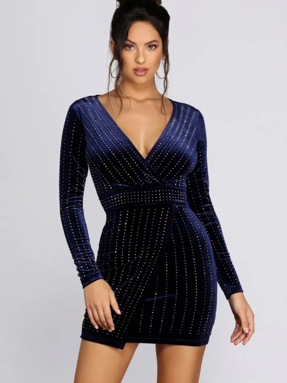 Windsor Navy Velvet Long-Sleeve Studded Dress